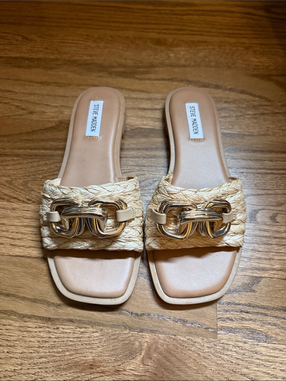 Steve Madden Natural Raffia Slide Sandals with Gold Chain Accent